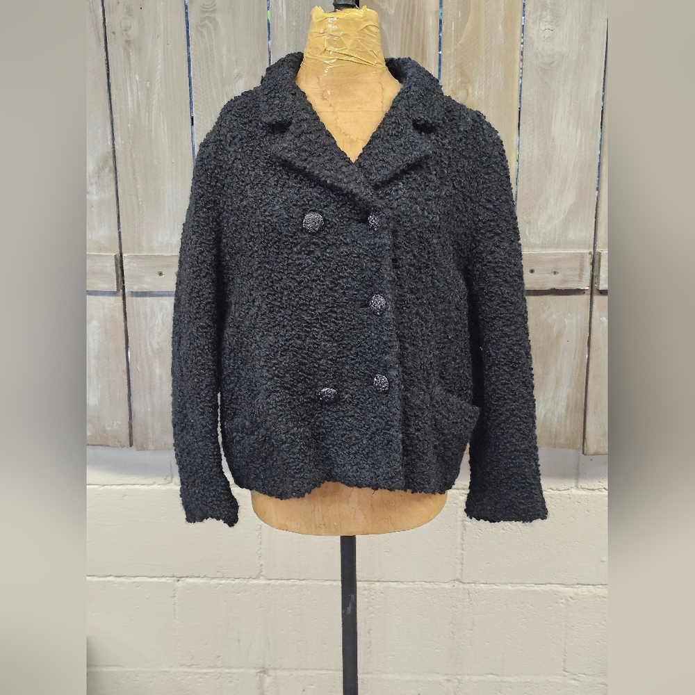 Vintage‎ Faux Fur Coat, Faux Persian Lambswool, Black Double Breasted Car Coat